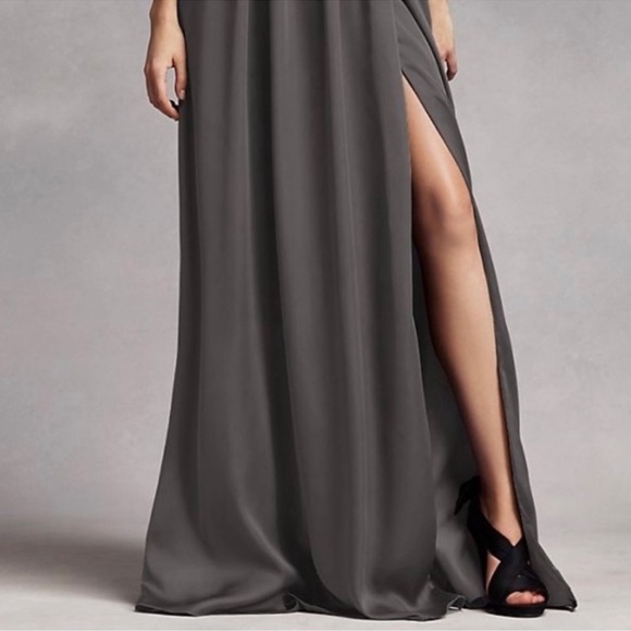 WHITE by Vera Wang One Shoulder Gown with Satin Sash in Charcoal Gray Size 12 - Picture 3 of 14